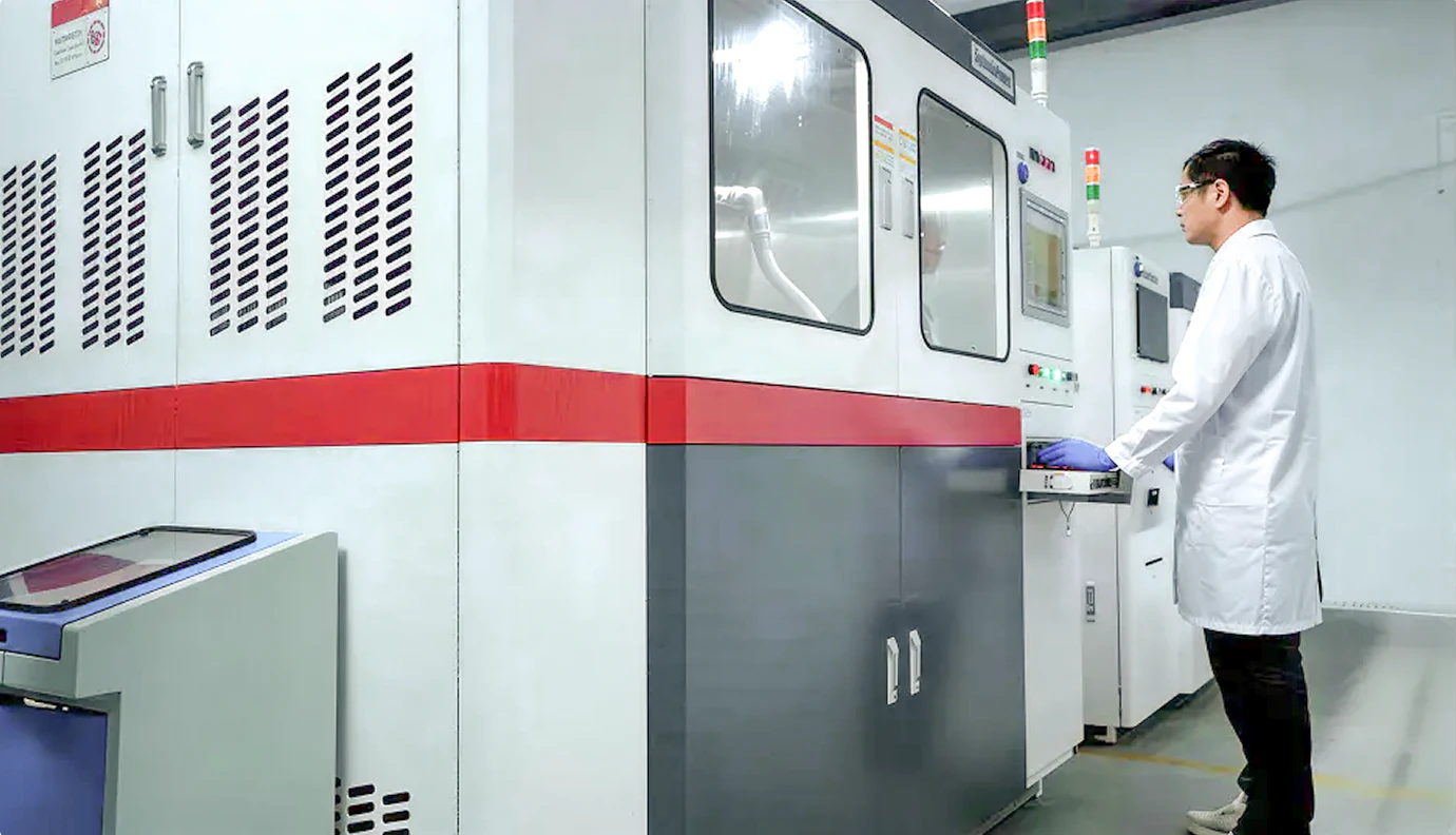 Technician operating testing equipment
